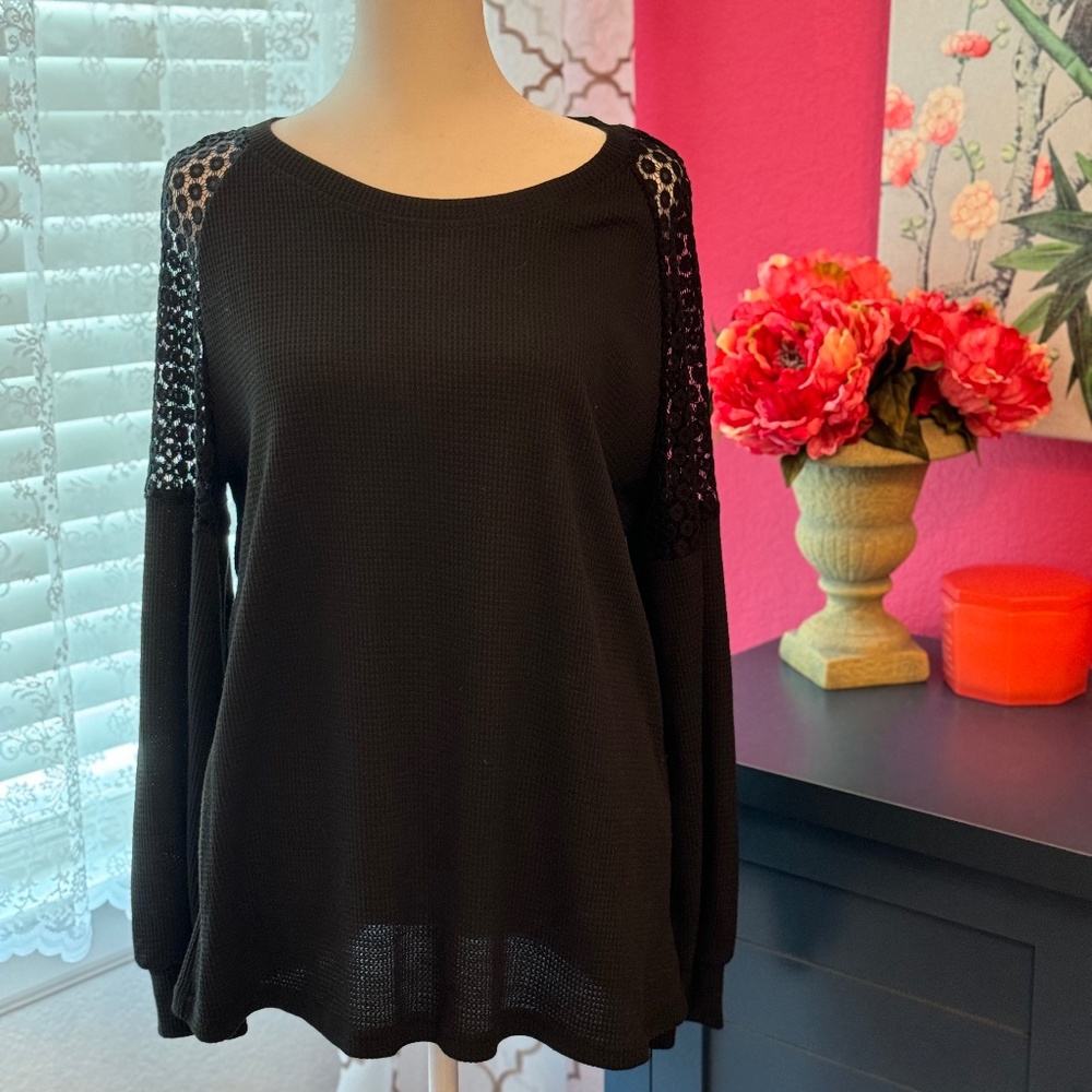 black top with lace shoulders